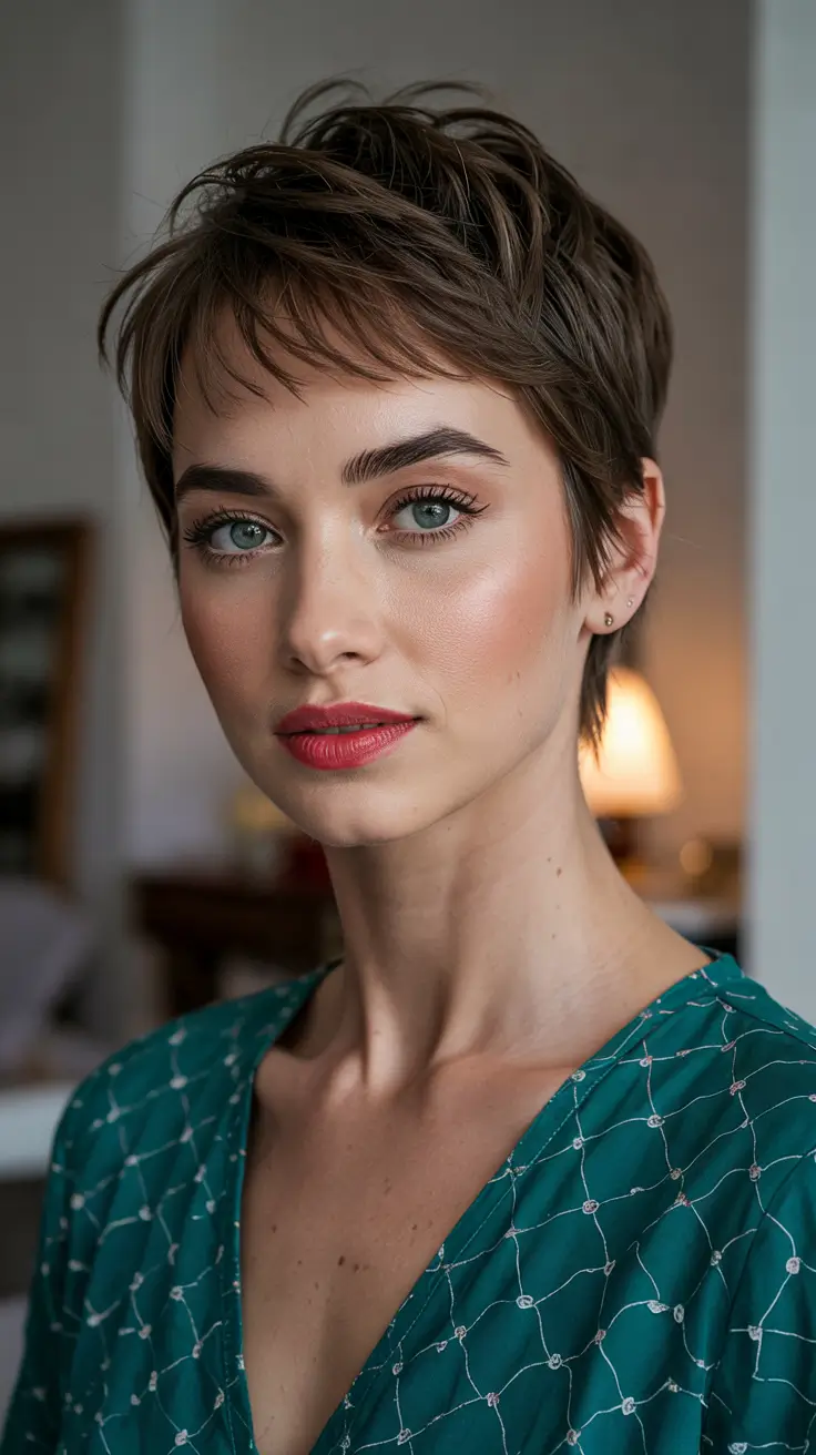 pixie haircut 2026 Layered Chestnut Pixie With Soft Lift