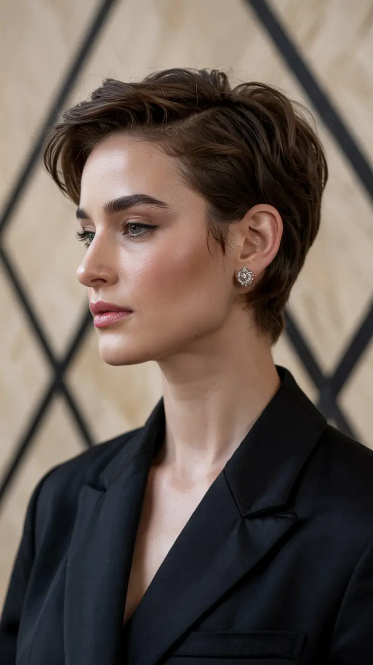 pixie haircut 2026 Sculpted Chocolate Pixie With Deep Side Part