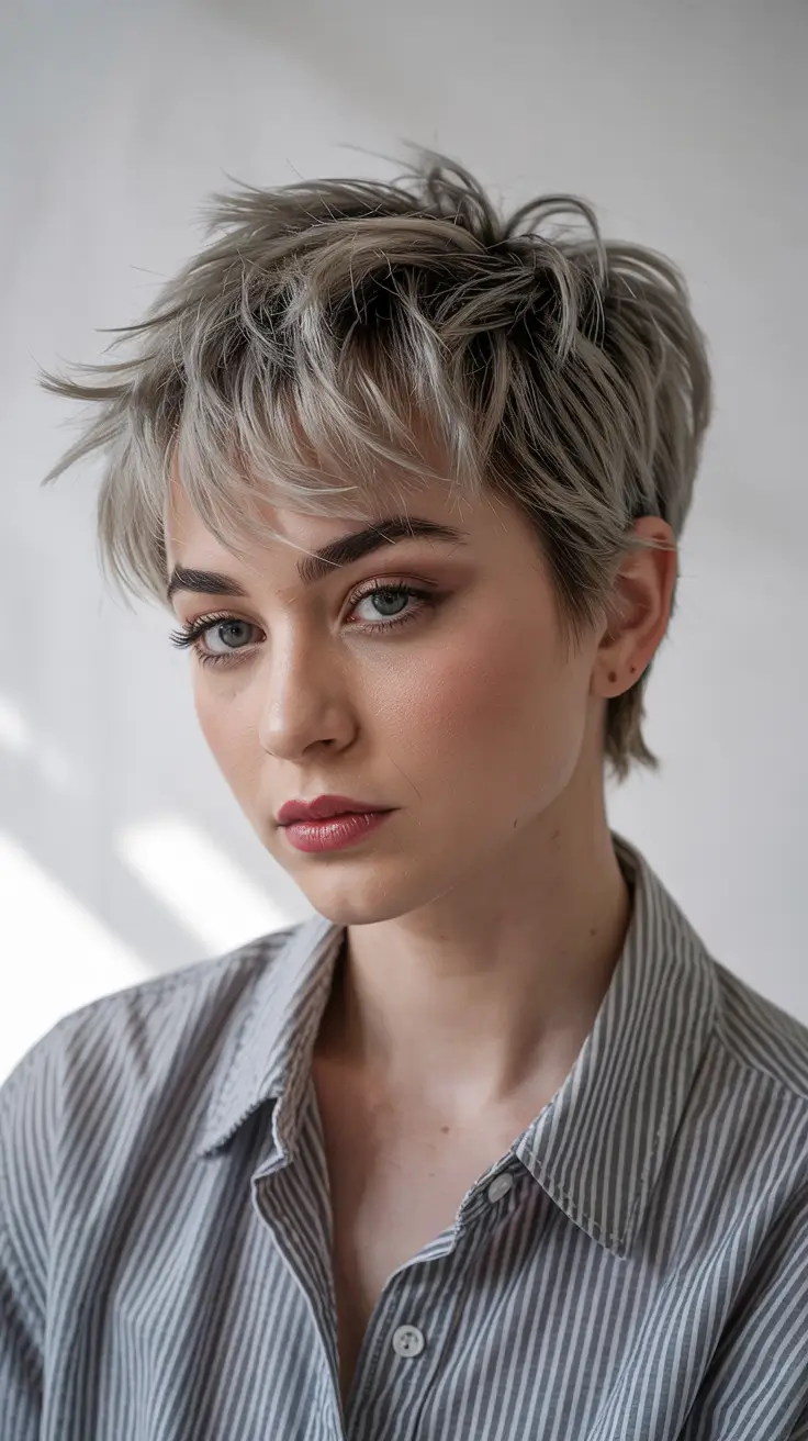 pixie haircut 2026 Cool Silver Spiky Pixie With Layered Volume