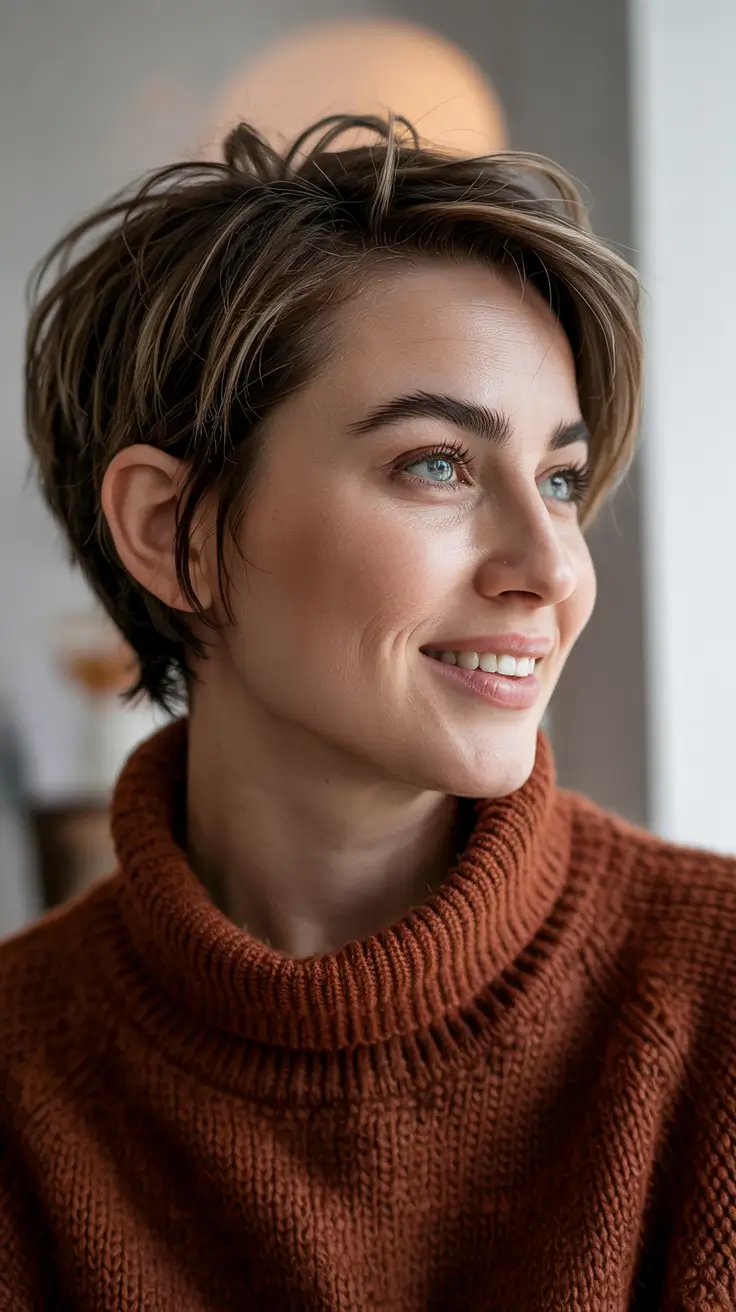 pixie haircut 2026 Textured Coffee-Toned Pixie With Casual Lift