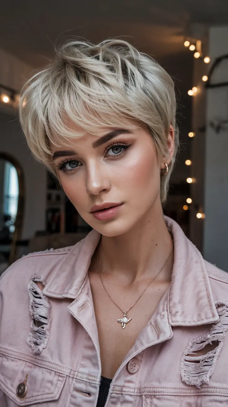 pixie haircut 2026 Modern Ice Blonde Pixie With Curtain Bangs