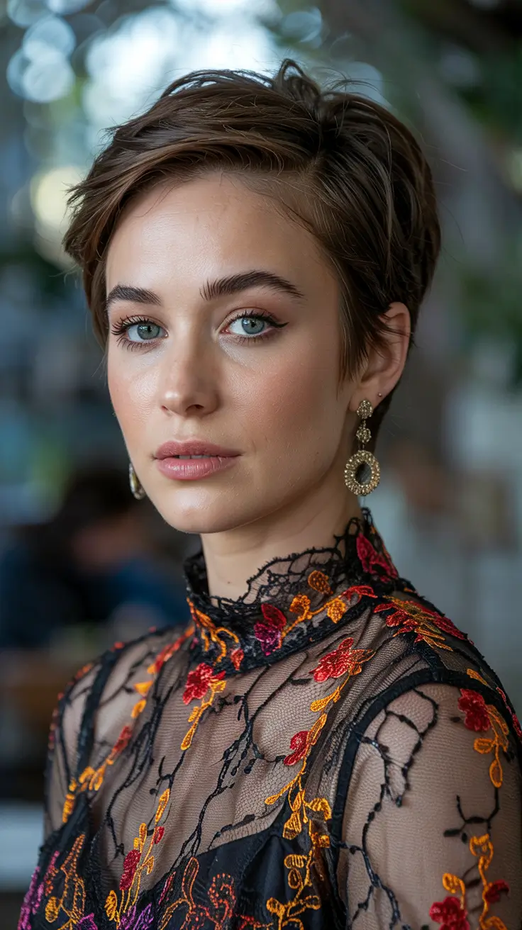 pixie haircut 2026 Structured Brunette Pixie With Subtle Lift