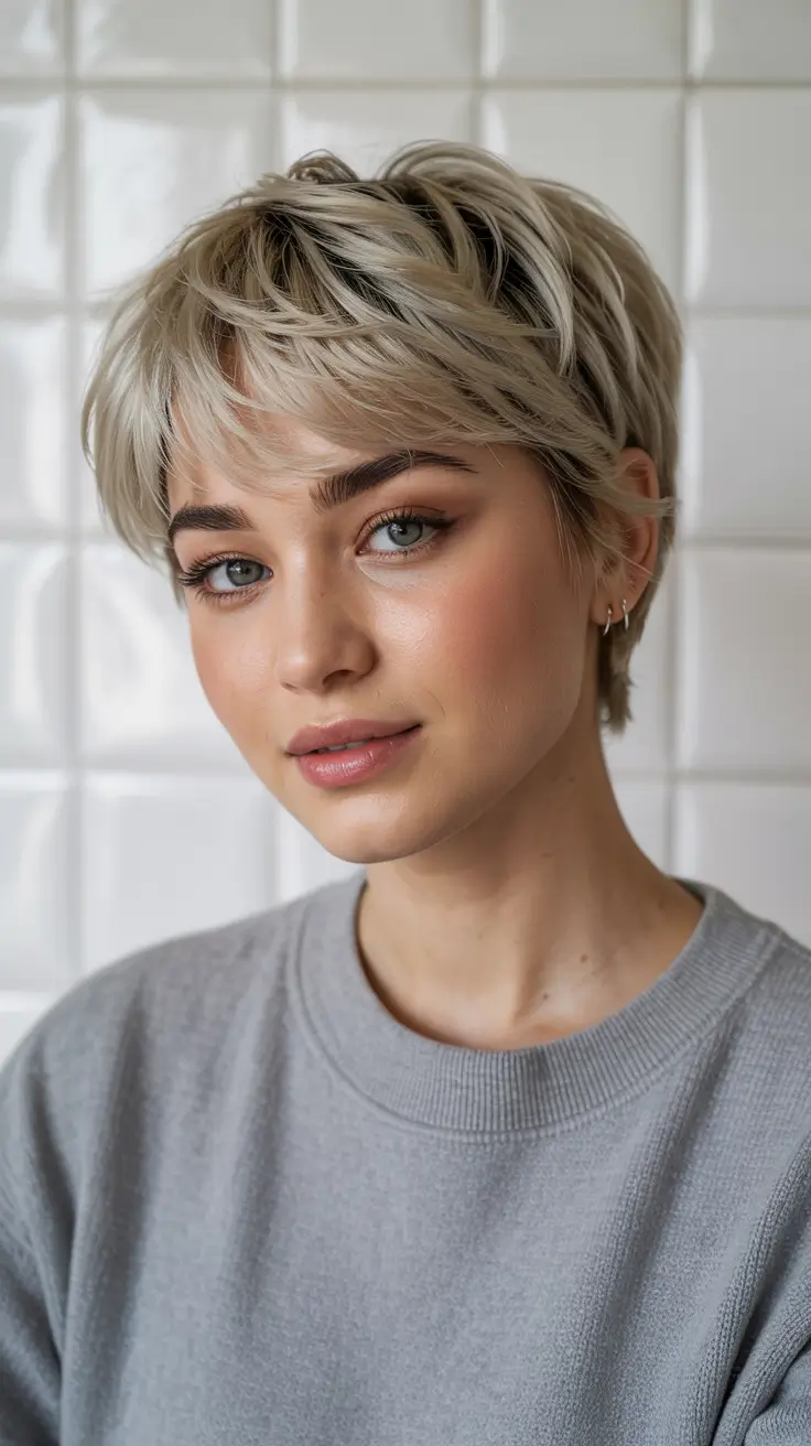 pixie haircut 2026 Cool Blonde Feathered Pixie With Natural Roots