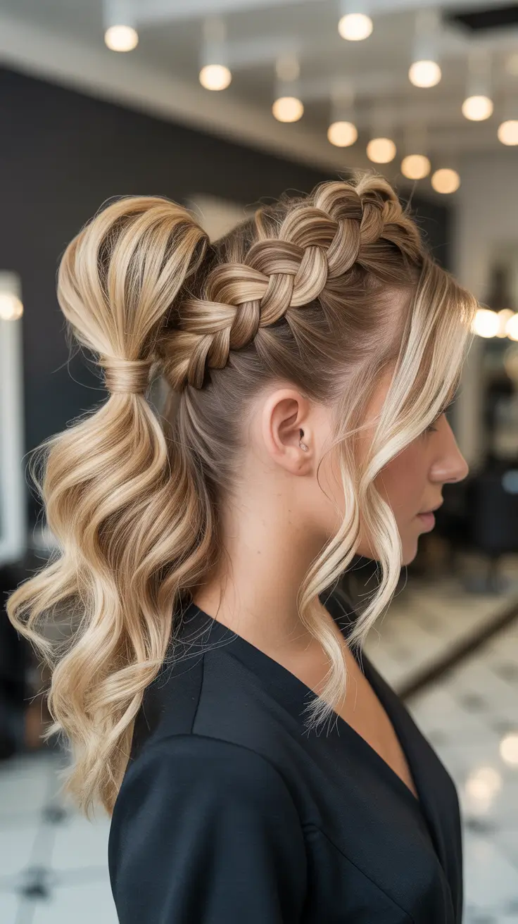 ponytail hairstyles 2026 Braided Crown Meets Bouncy Ponytail