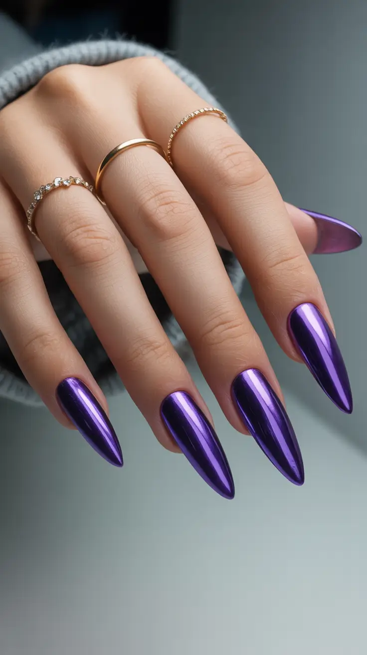 purple nail designs 2026 Mirror-Finish Amethyst With Sculptural Length