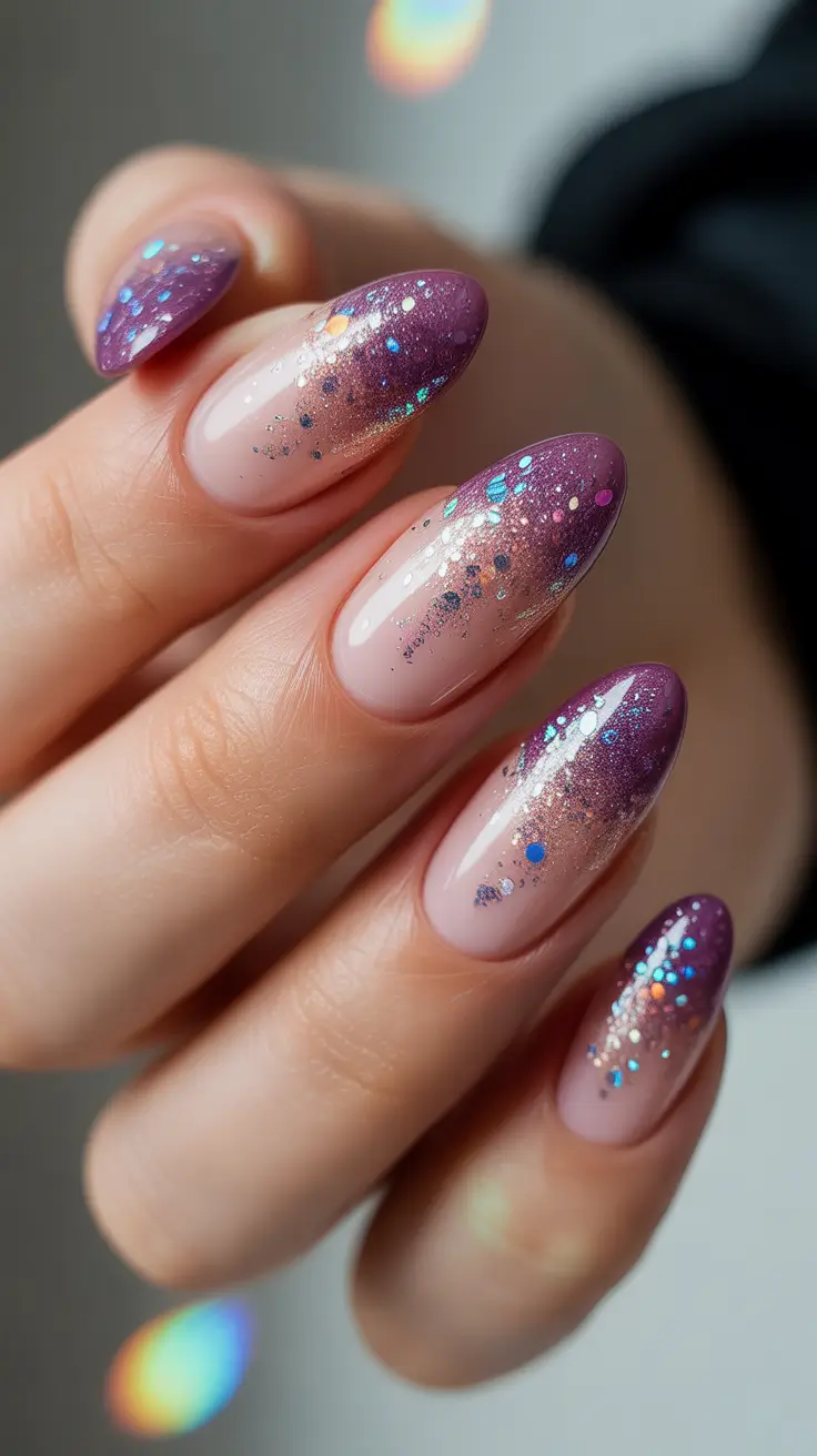 purple nail designs 2026 Sheer Nude Fade With Cosmic Purple Sparkle
