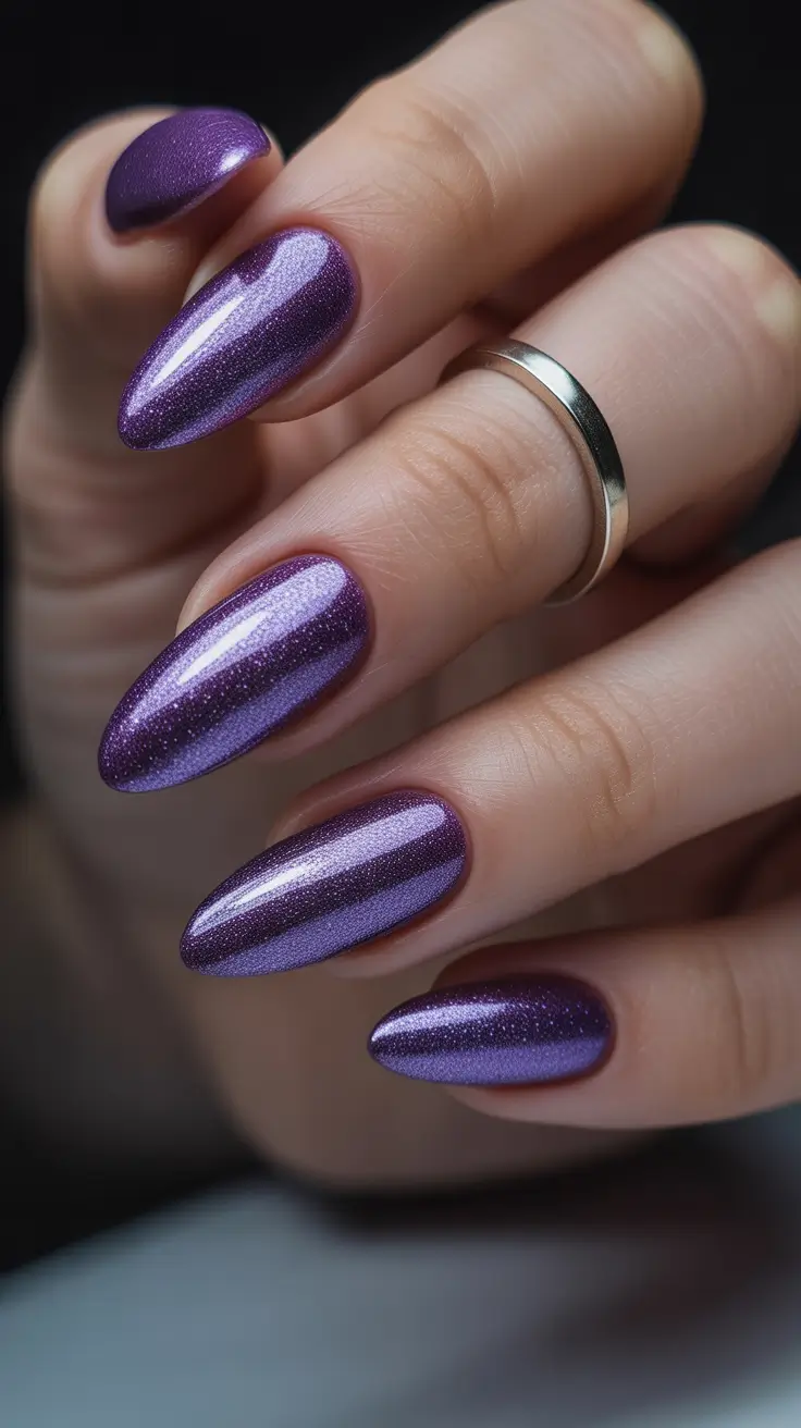 purple nail designs 2026 Metallic Purple Almond With Velour Glow