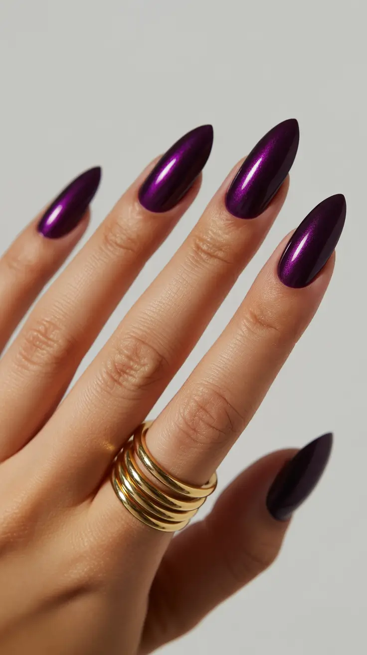 purple nail designs 2026 Deep Plum Chrome With Sculpted Almond Shape