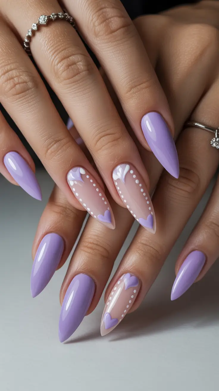 purple nail designs 2026 Soft Lilac With Playful Heart Details