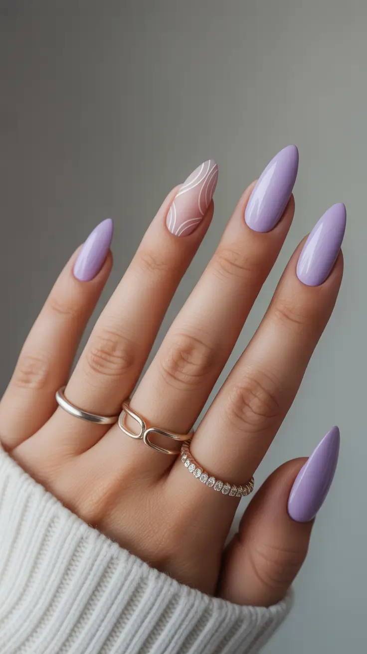 purple nail designs 2026 Sheer Nude And Lilac With Fine Line Art