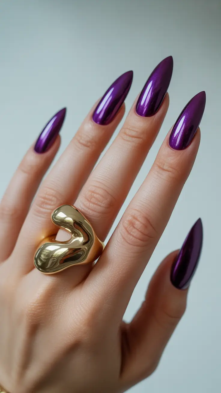 purple nail designs 2026 Deep Violet Chrome With High-Shine Drama