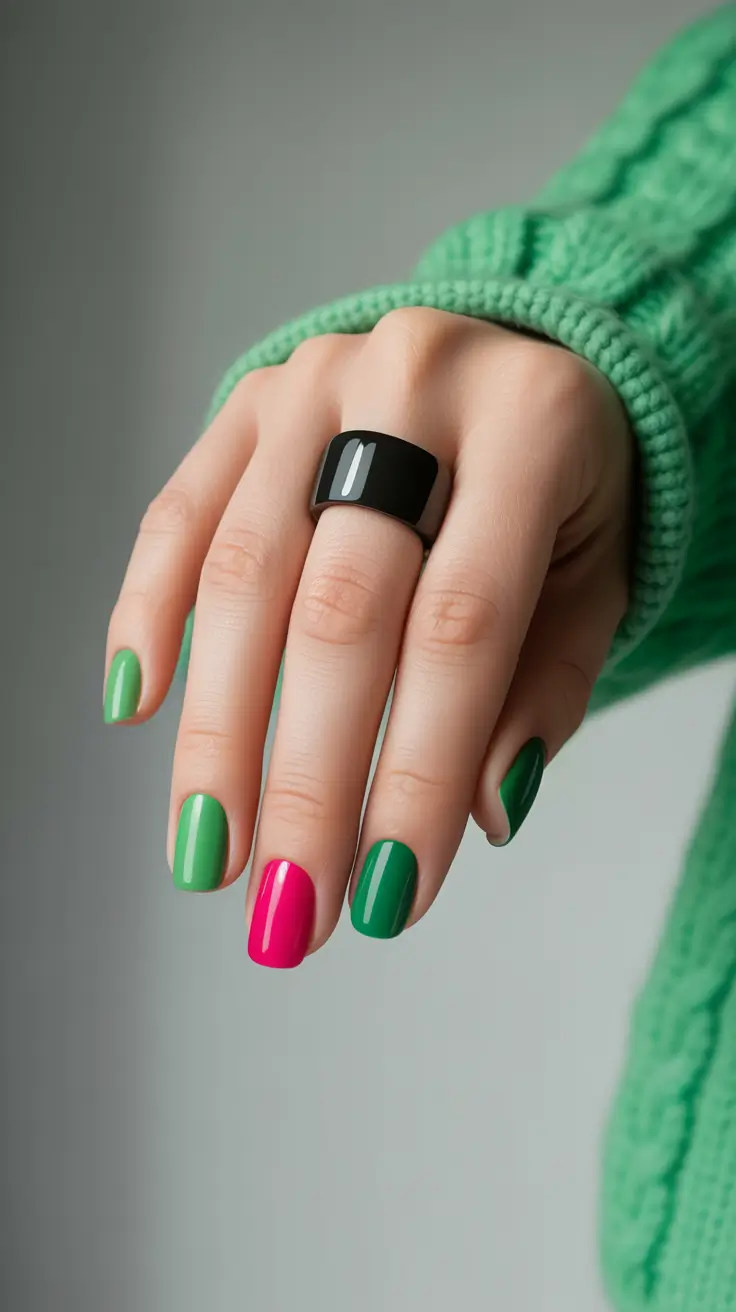 short acrylic nail designs 2026 Colorblock Jungle Pop