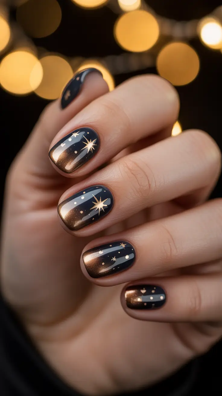 short acrylic nail designs 2026 Stardust Ombre on Midnight Tips