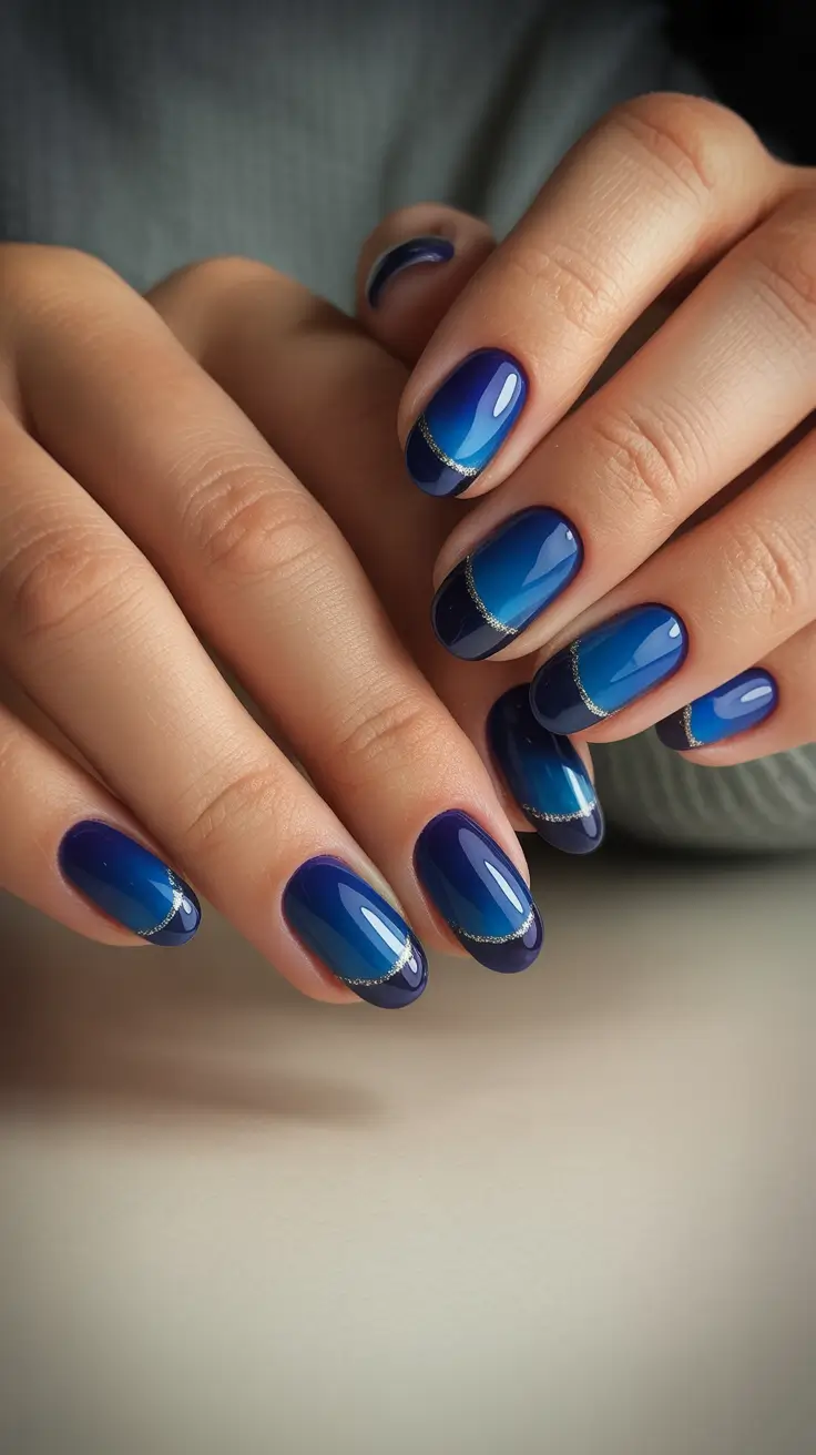 short acrylic nail designs 2026 Electric Indigo with Micro Glitter Arcs