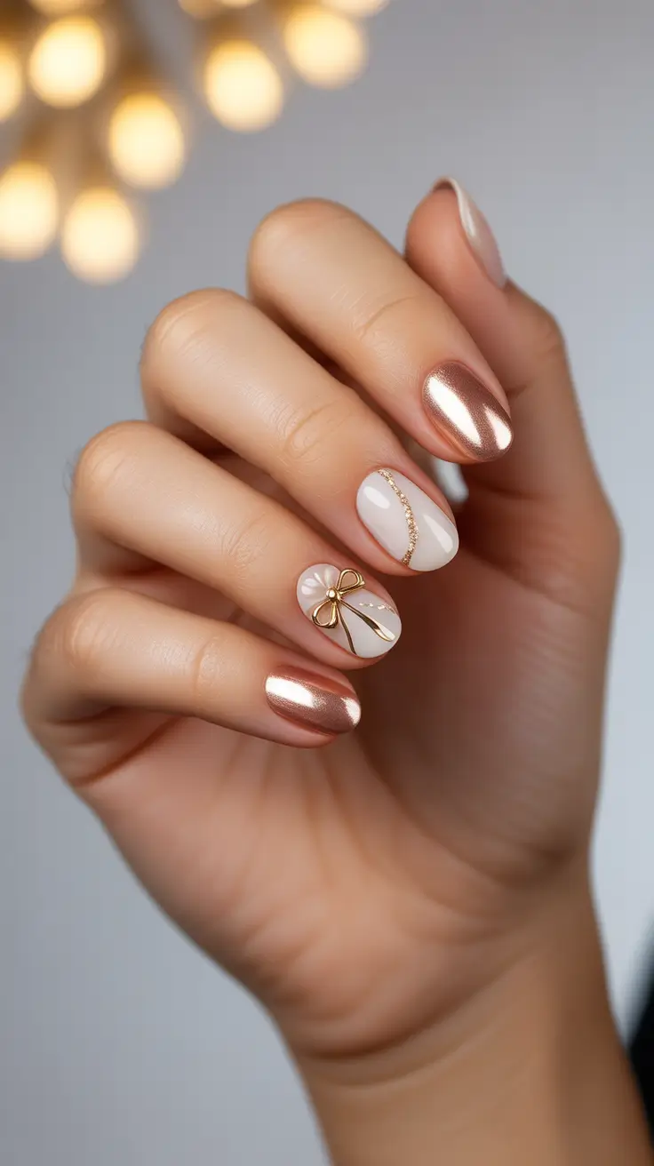 short acrylic nail designs 2026 Rose Gold Ribbons and Bow Accents