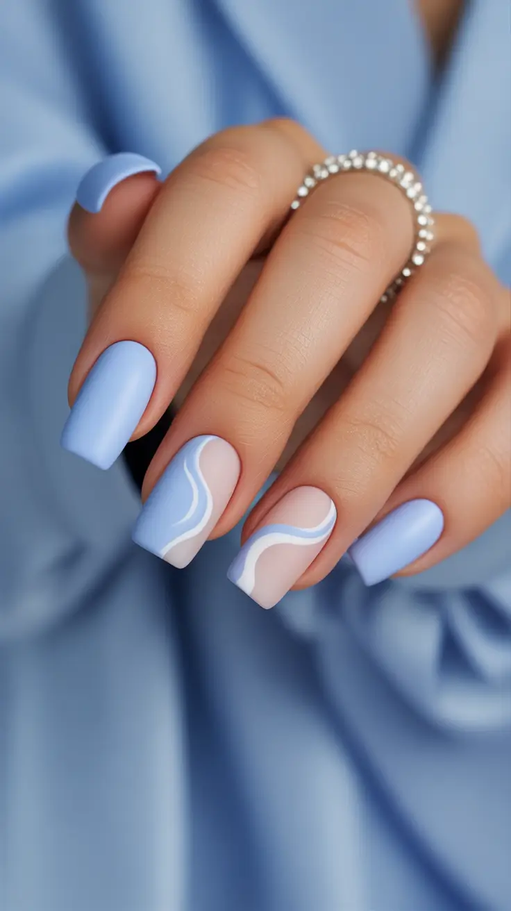 short acrylic nail designs 2026 Wavy Pastel Blues with a Matte Finish