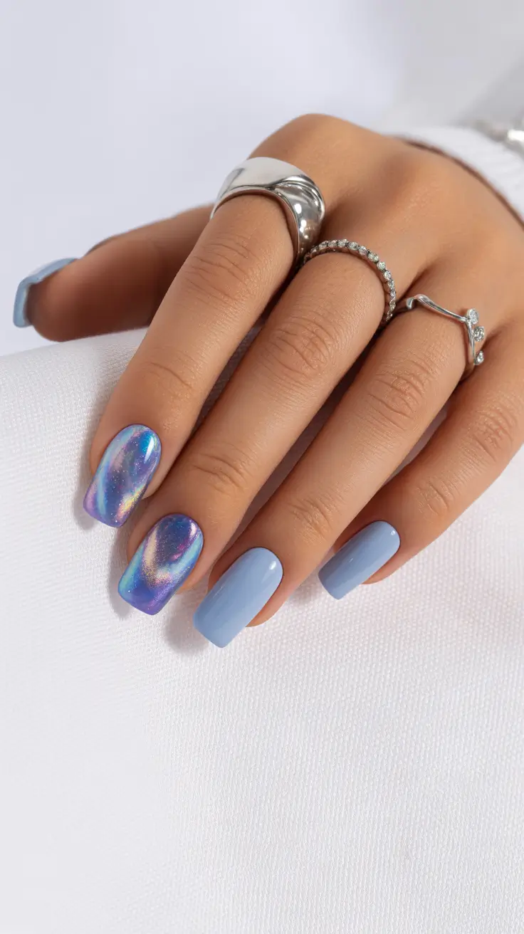 short acrylic nail designs 2026 Iridescent Dream Meets Cloudy Blue