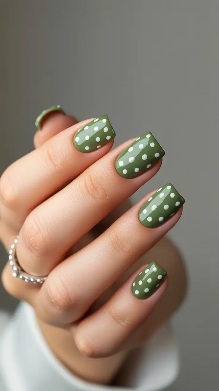 short acrylic nail designs 2026 Polka Dot Retro in Matte Olive