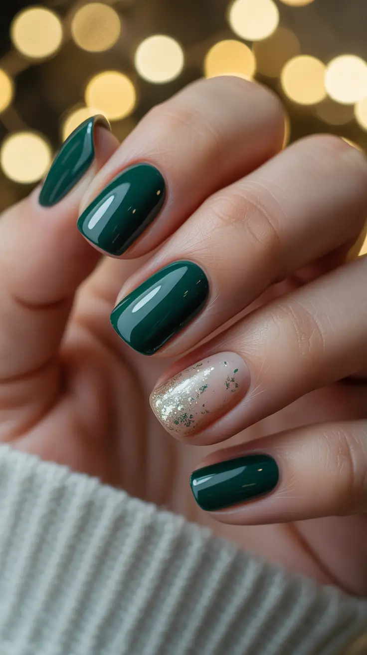 short acrylic nail designs 2026 Evergreen Glam with a Hint of Sparkle