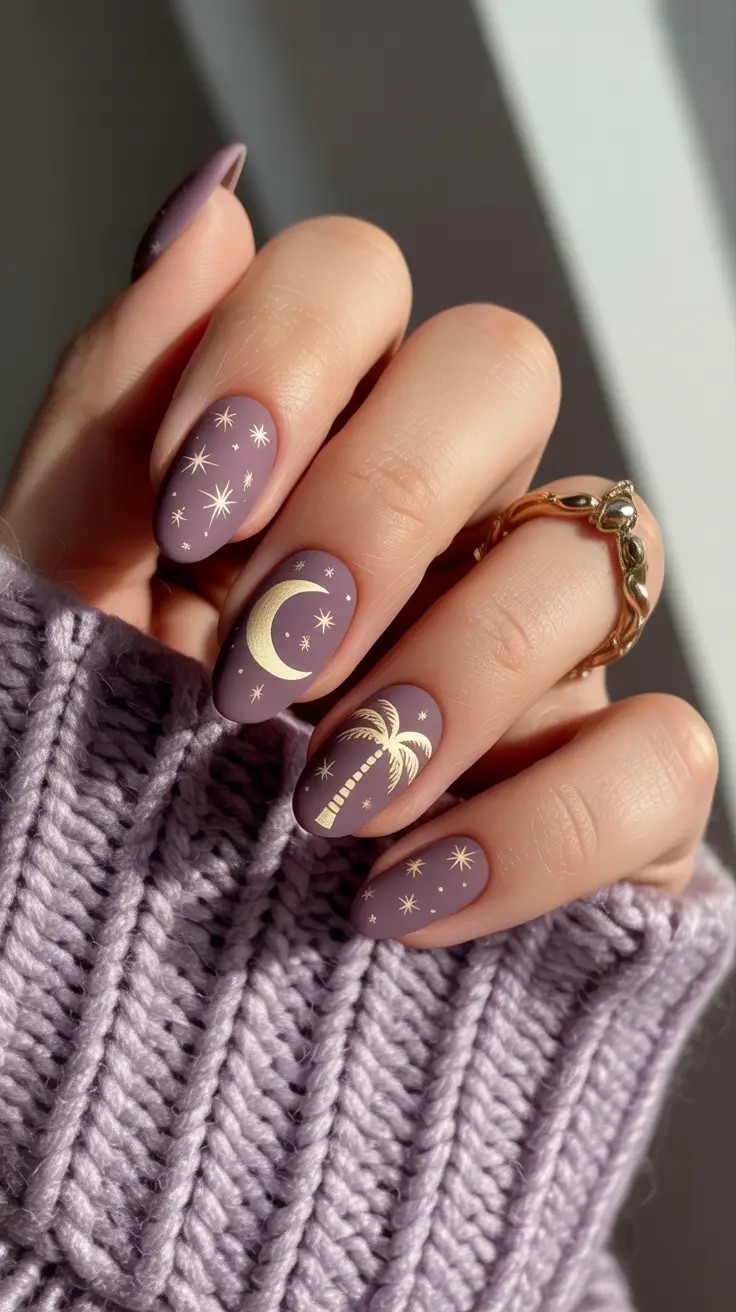 short acrylic nail designs 2026 Celestial Mauve Magic