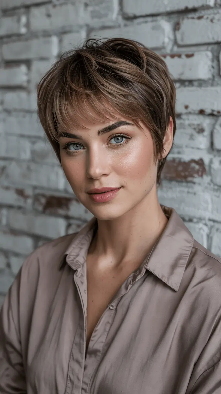 Short Haircuts 2026 Rounded Brunette Pixie with Baby Bangs