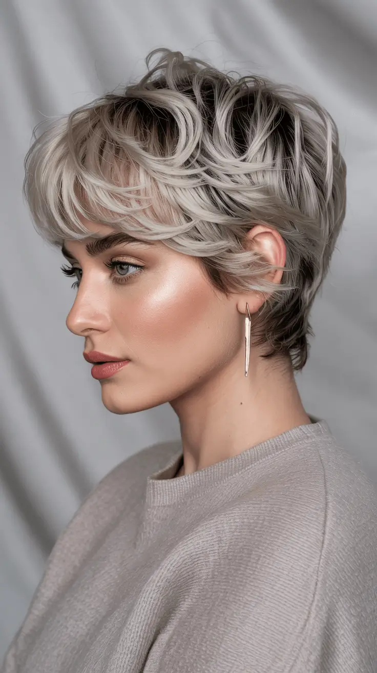 Short Haircuts 2026 Modern Silver Shag Pixie with Dimensional Waves