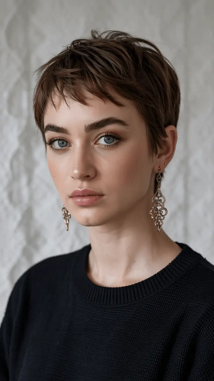 Short Haircuts 2026 Textured Brunette Pixie with a Sculpted Edge