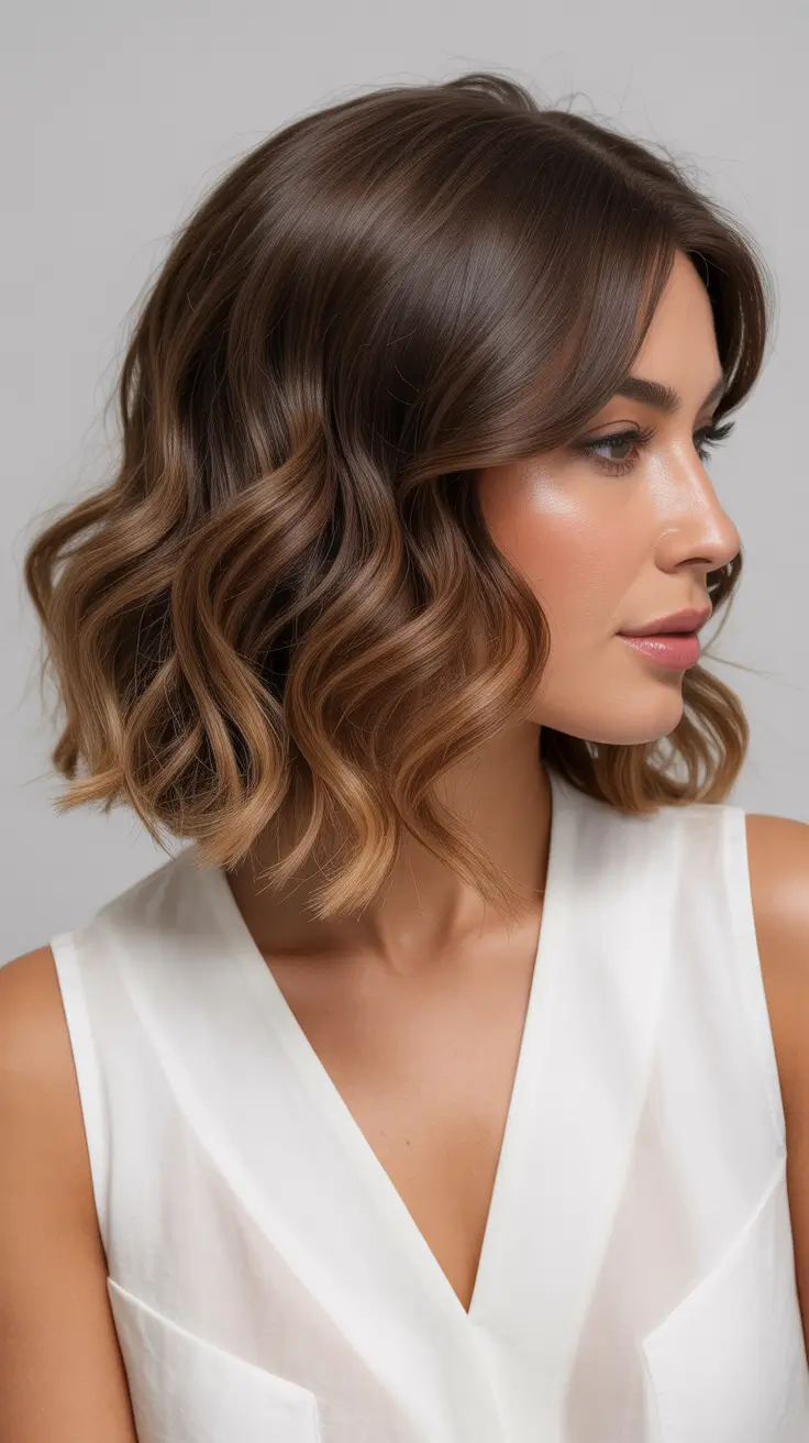 short hairstyles 2026 Modern Mocha Balayage with Face-Framing Waves