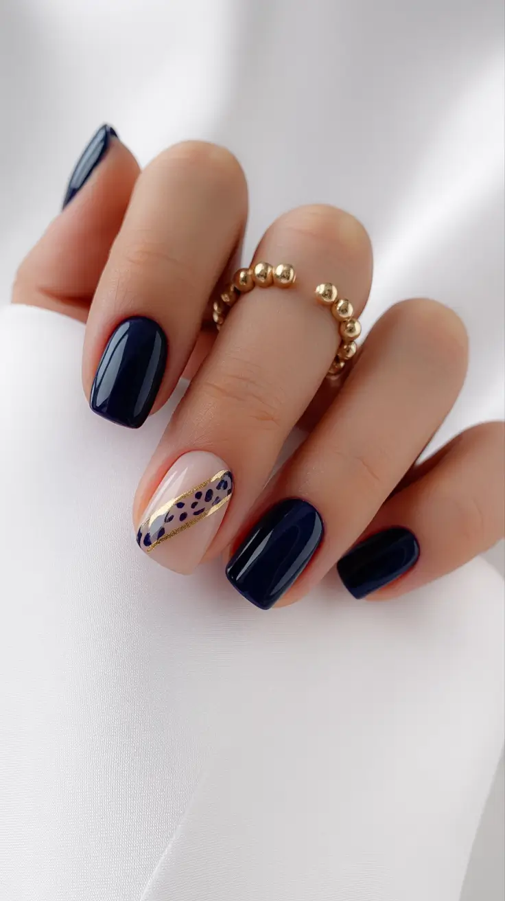 short nails 2026 Inky Navy with Leopard Luxe