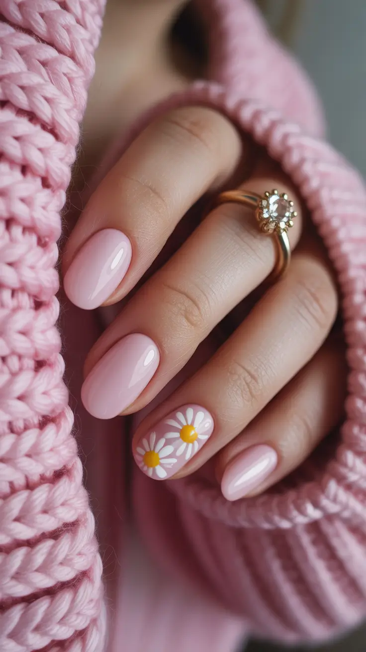 simple nail designs 2026 Soft Pink Daisies for Spring Moods