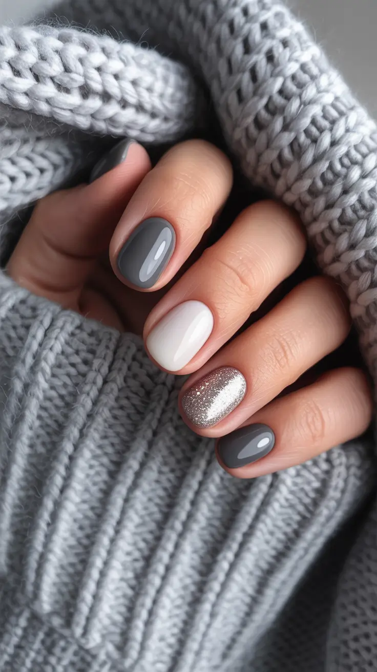 simple nail designs 2026 Grayscale Glam With a Pop of Glitter