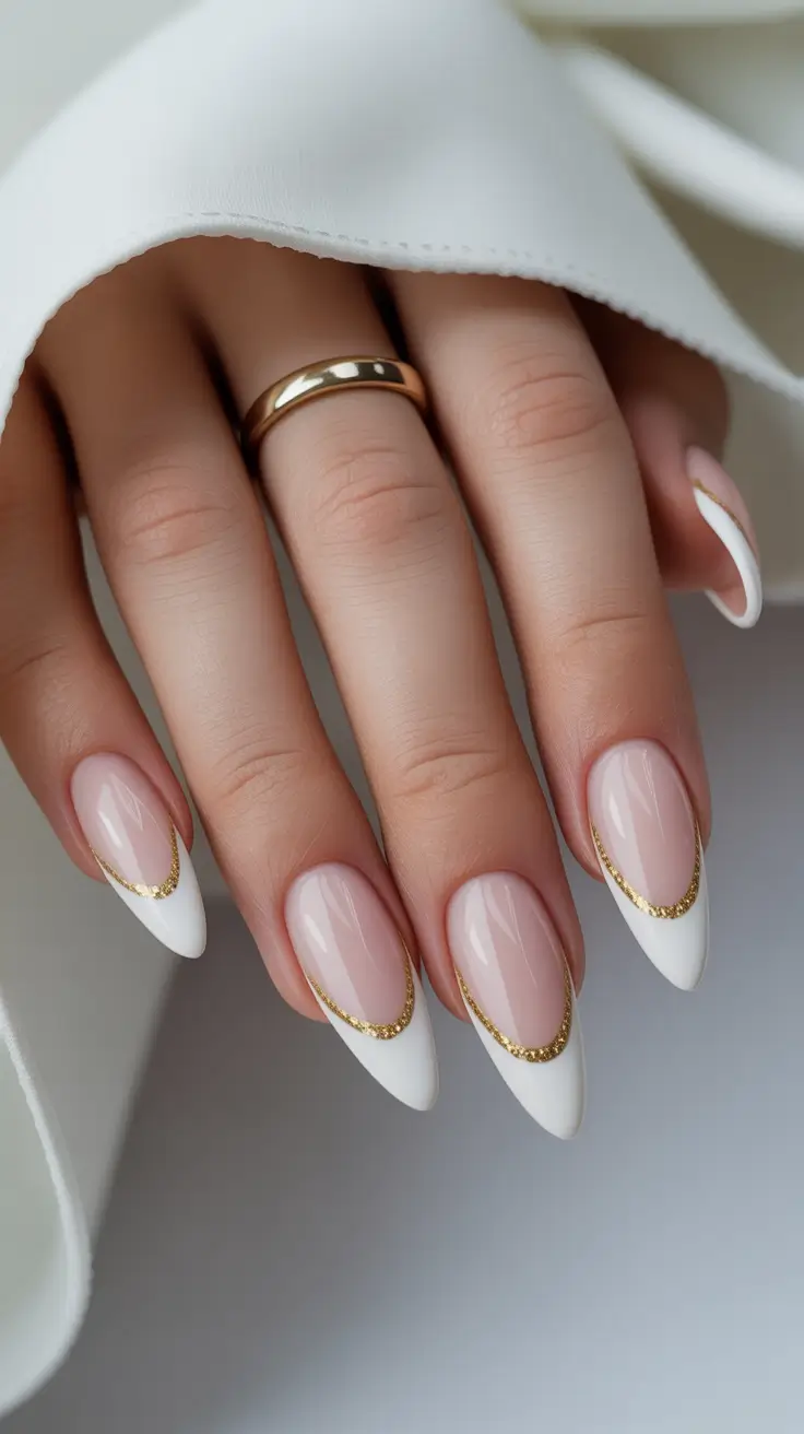 simple nail designs 2026 White French Tips With Golden Halo