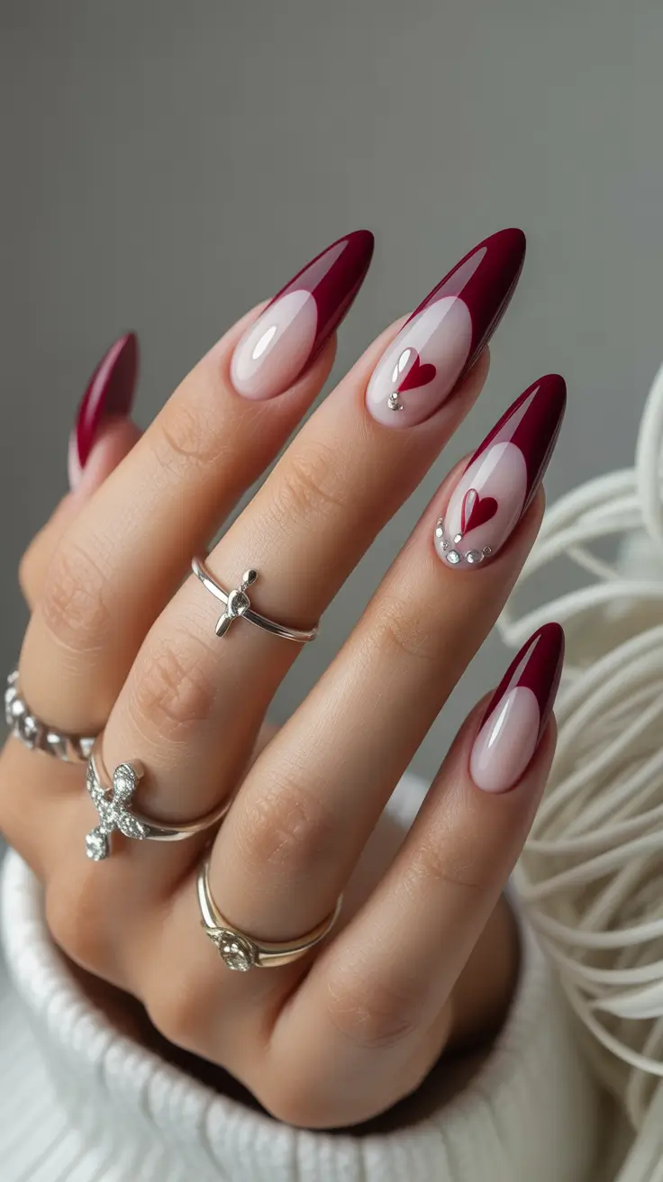 simple nail designs 2026 Crimson Hearts & Crystal Details
