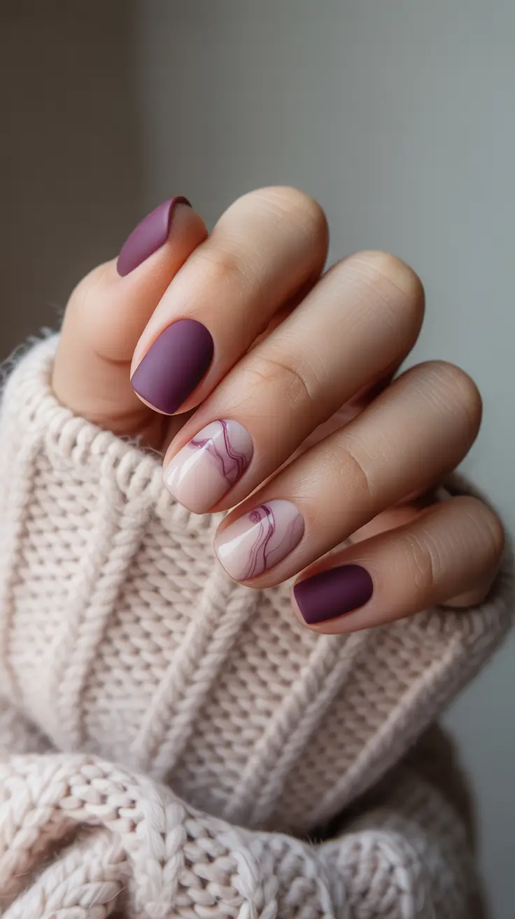 simple nail designs 2026 Muted Plum & Sheer Marble