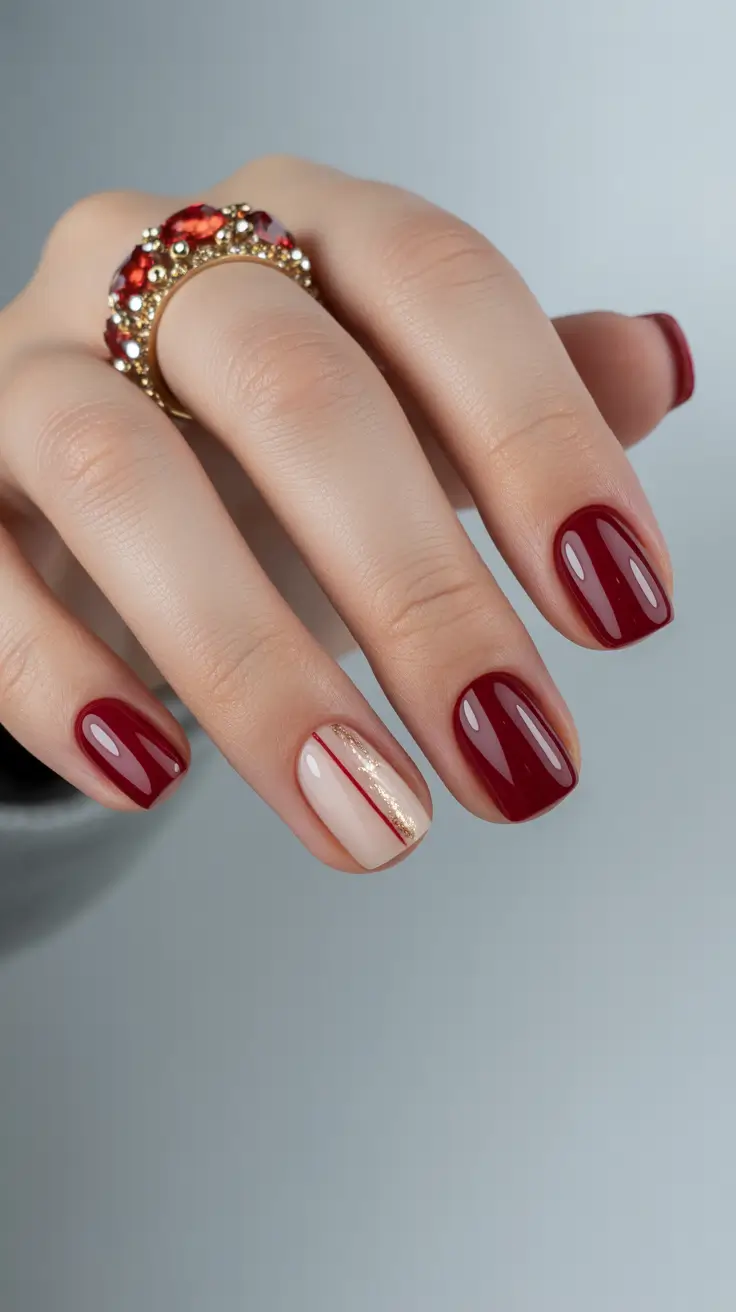 simple nail designs 2026 Classic Red with a Modern Gold Accent