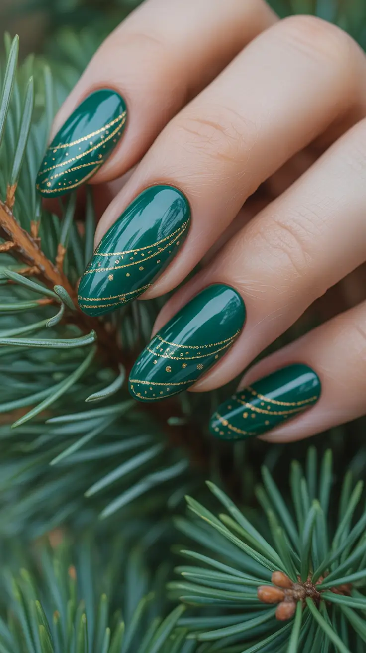 simple nail designs 2026 Emerald Shine With Golden Threads