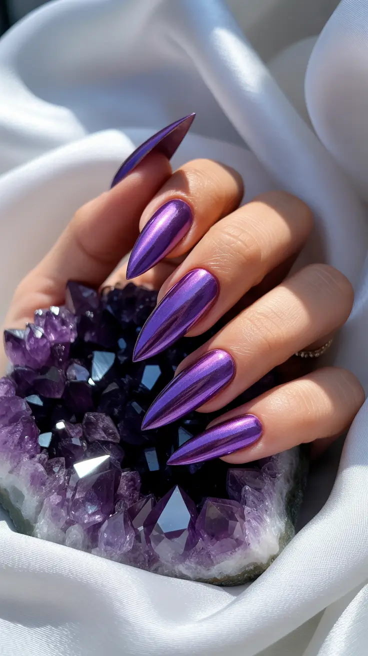 stiletto nail designs 2026 Metallic Purple Stilettos
