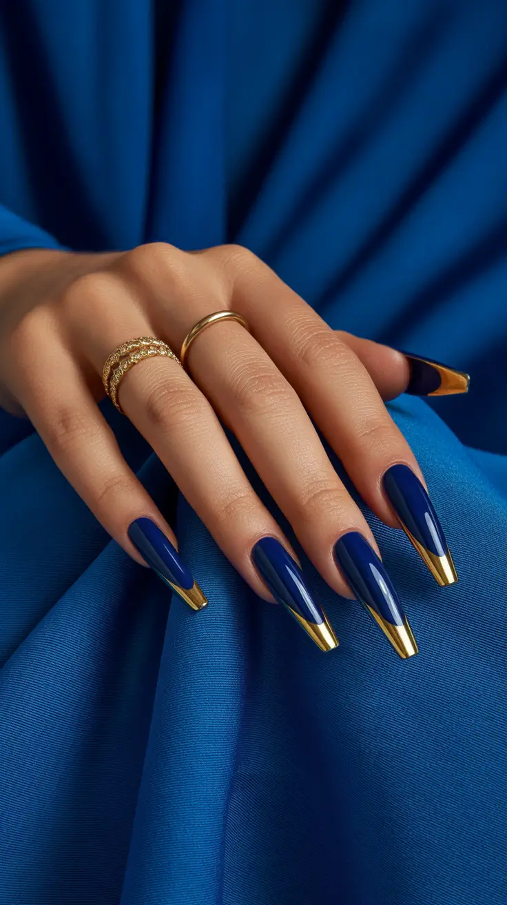 stiletto nail designs 2026 Navy Gold Tip Stilettos