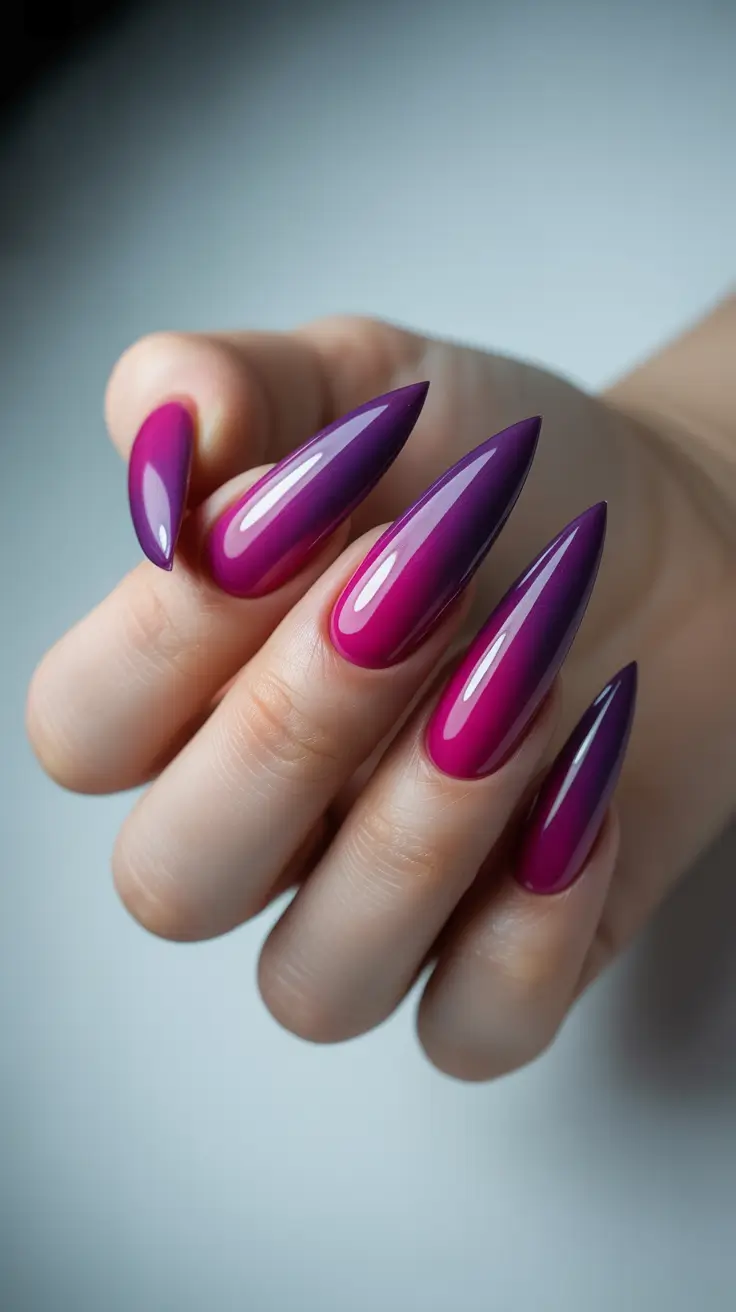 stiletto nail designs 2026 Magenta Violet Ombre Stilettos