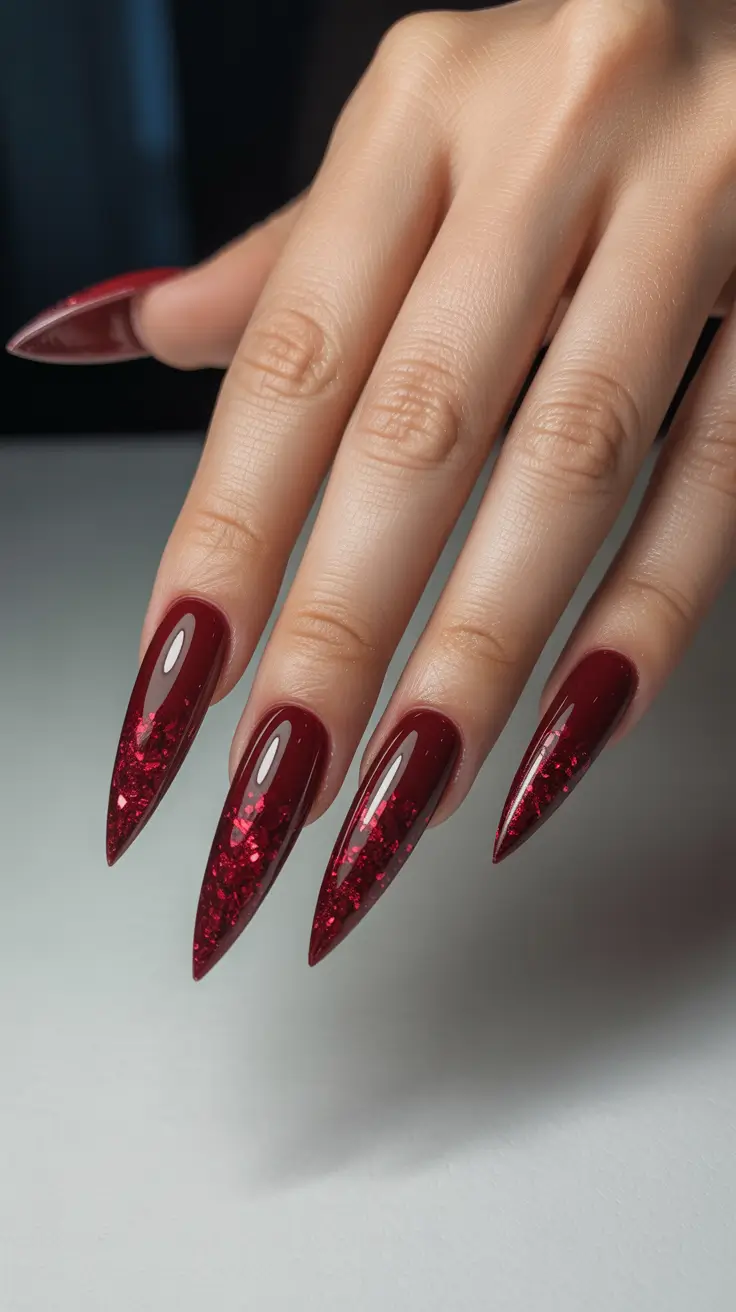 stiletto nail designs 2026 Deep Wine Glitter Stilettos