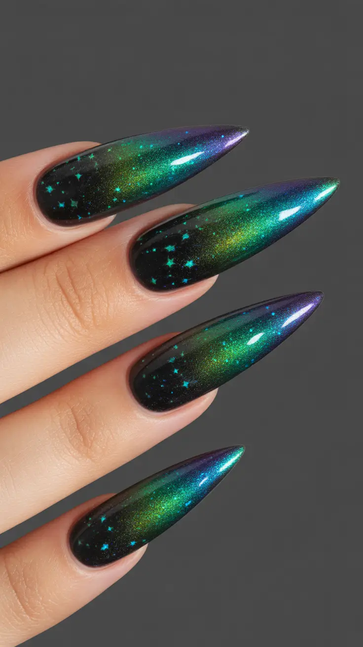 stiletto nail designs 2026 Emerald Galaxy Stilettos