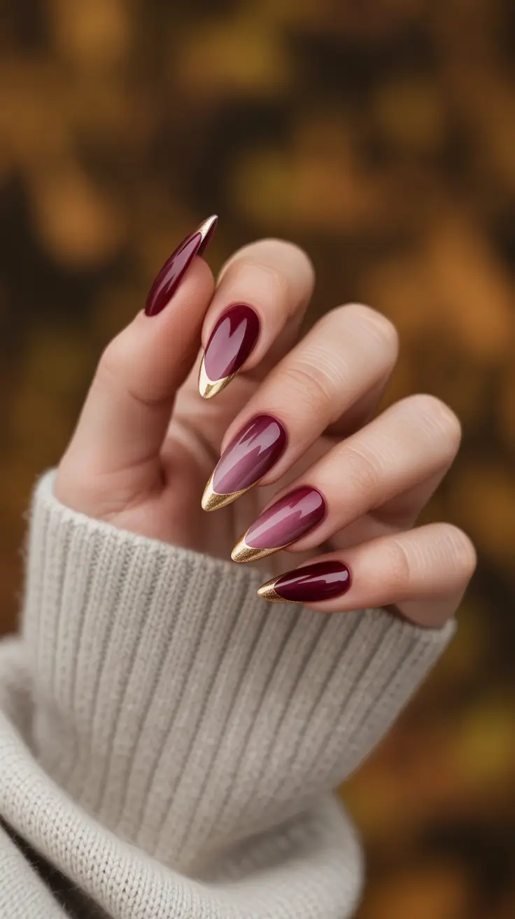 stiletto nail designs 2026 Burgundy Gold Tip Stilettos