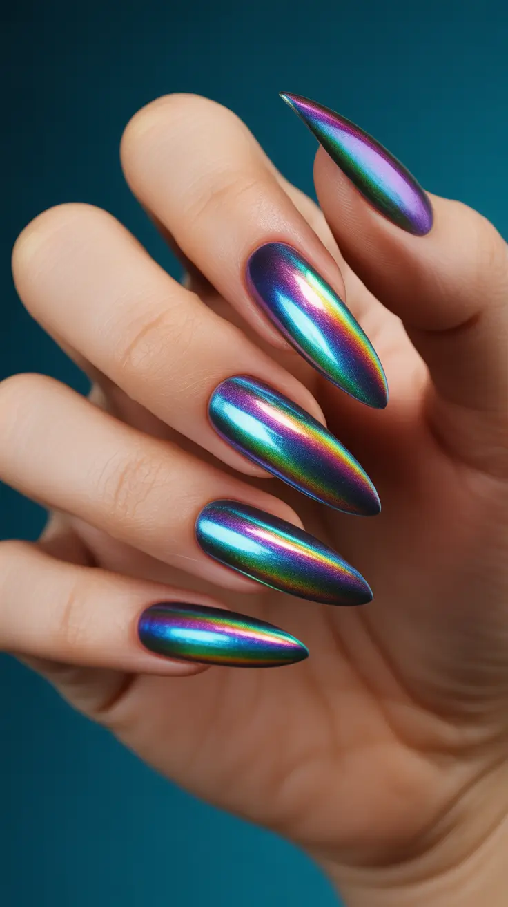 stiletto nail designs 2026 Holographic Chrome Stilettos