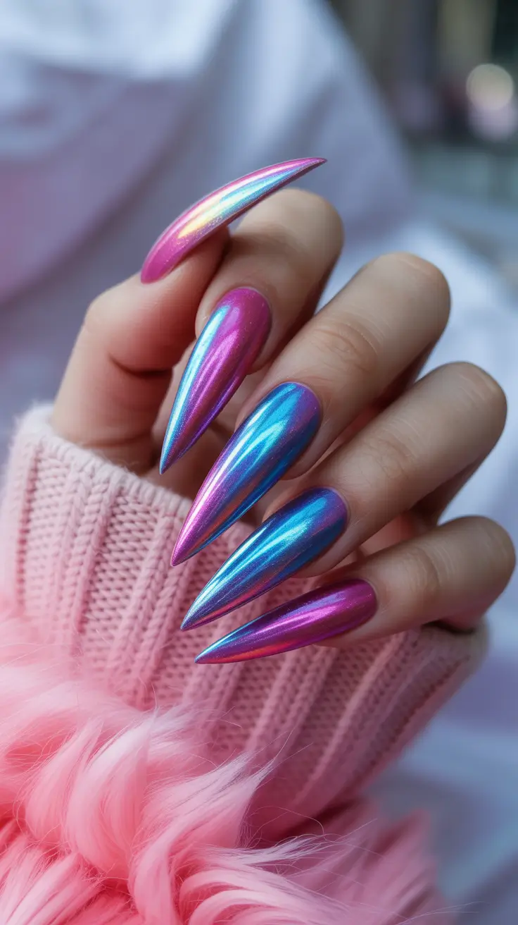 stiletto nail designs 2026 Iridescent Pink Blue Chrome
