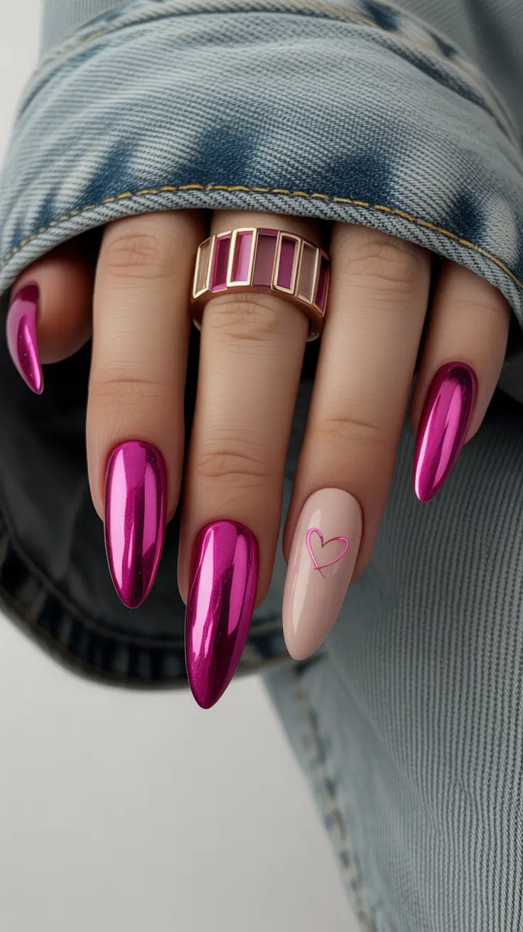 stiletto nail designs 2026 Magenta Chrome Heart Accent