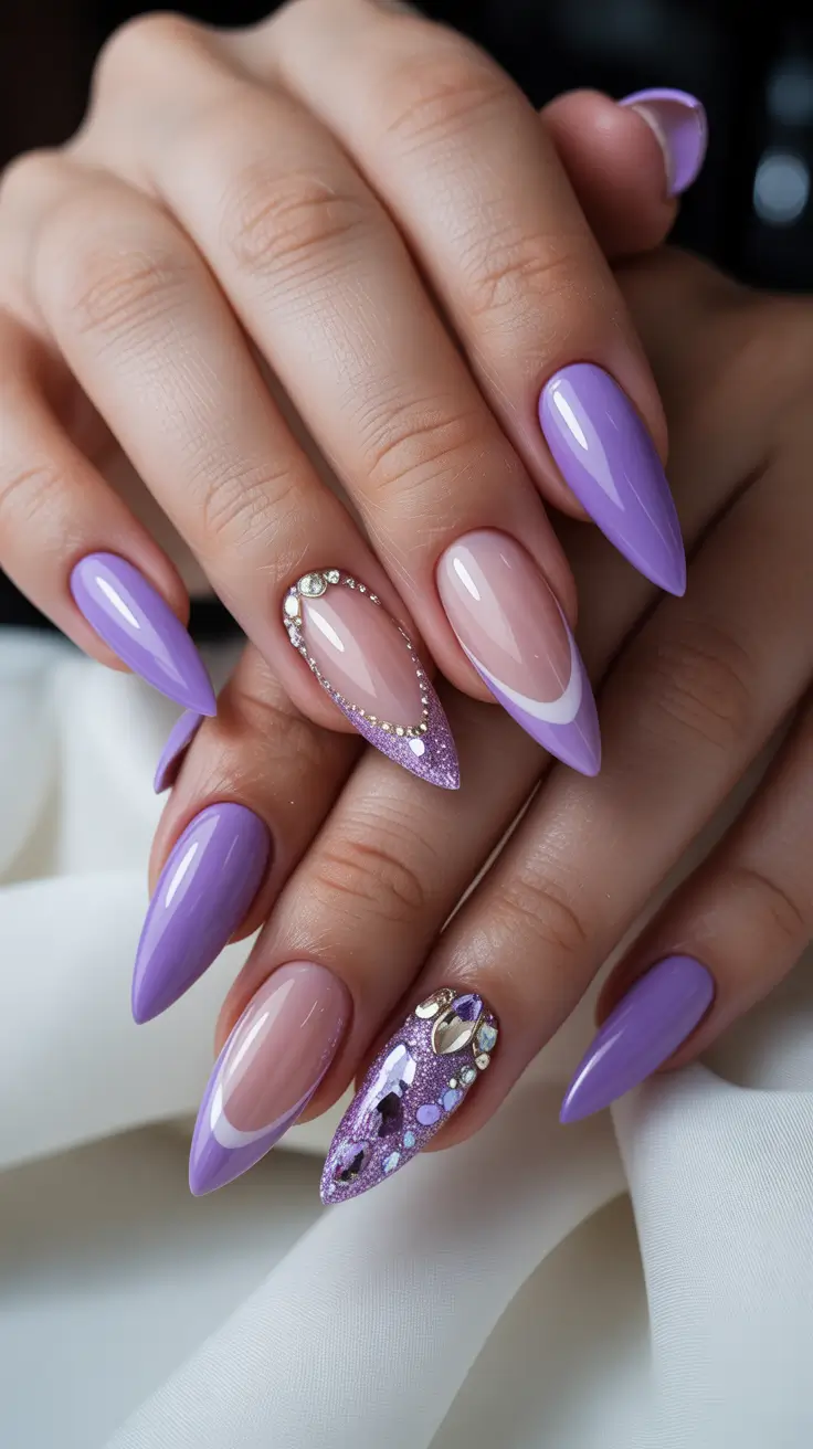 stiletto nail designs 2026 Lavender French Crystal Stilettos