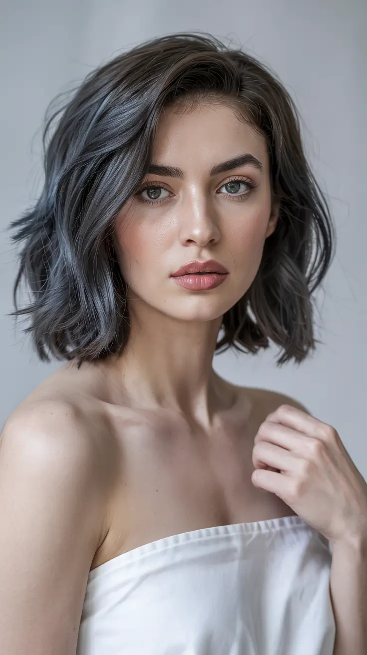 trendy Haircuts 2026+Graphite Blue Wavy Lob