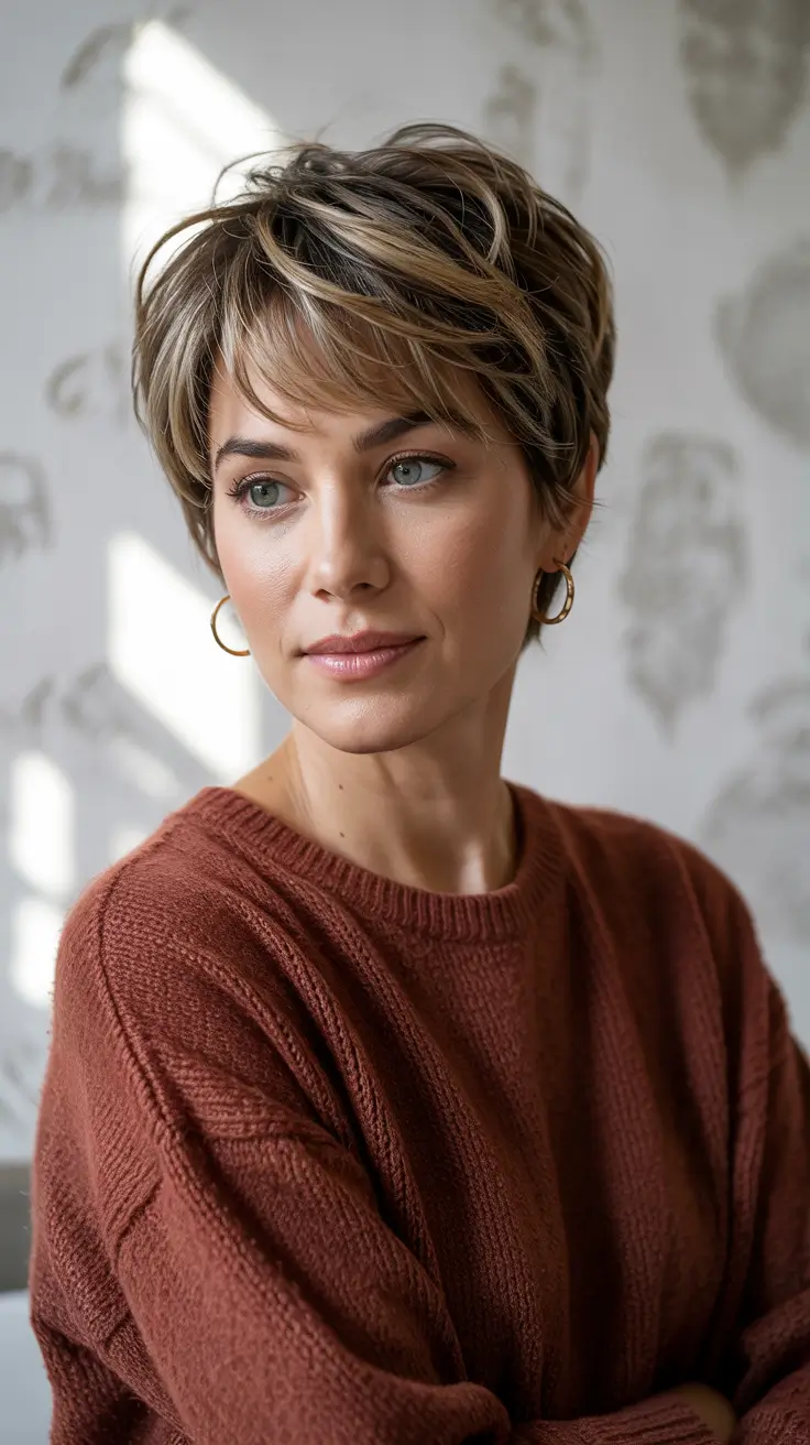 trendy Haircuts 2026+Layered Pixie With Golden Highlights