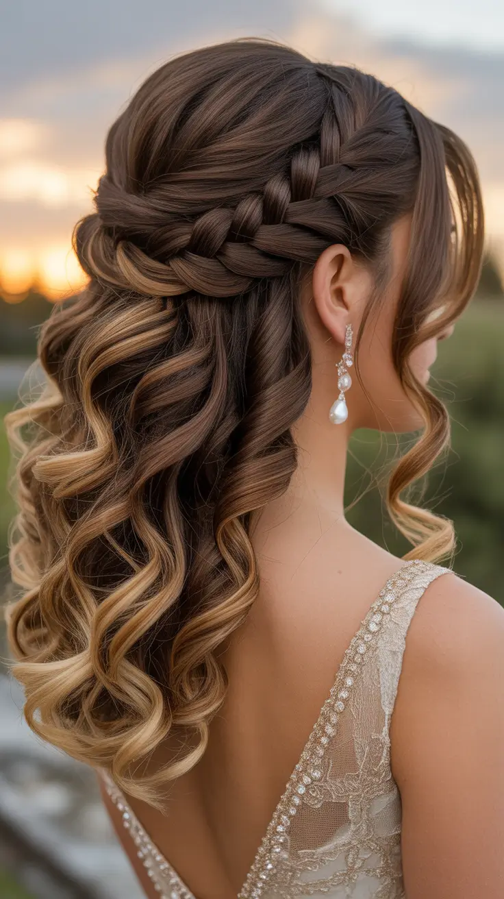 wedding hairstyles 2026 Boho Crown Braid With Golden Curls