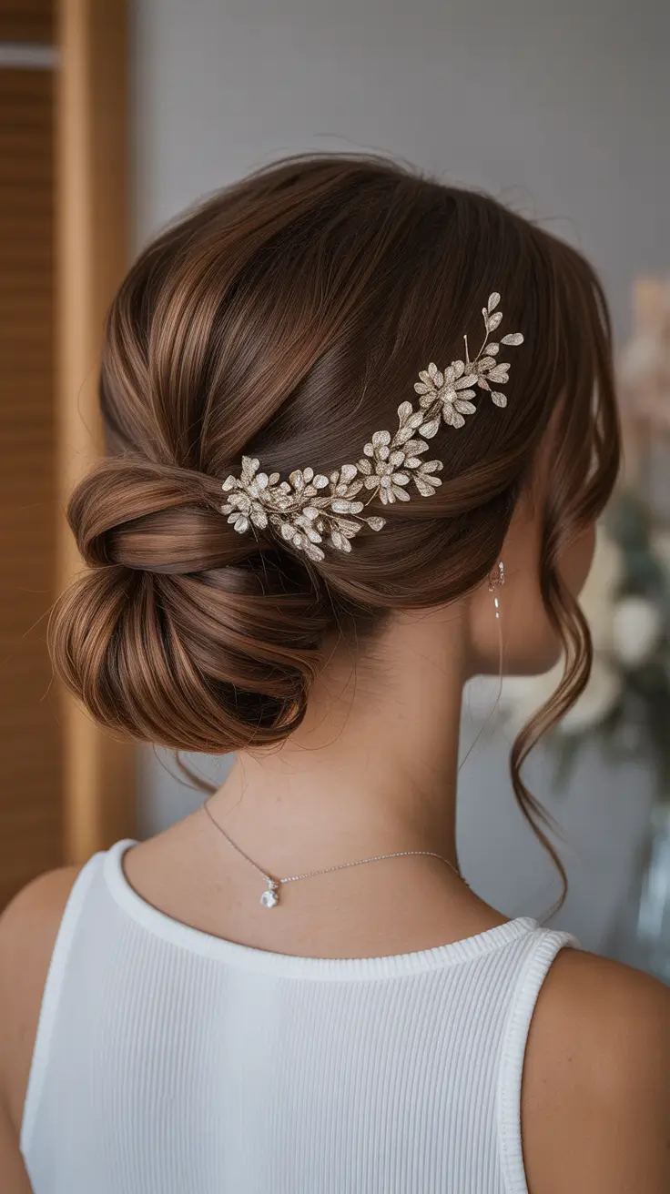 wedding hairstyles 2026 Romantic Twisted Bun With Floral Hairpiece